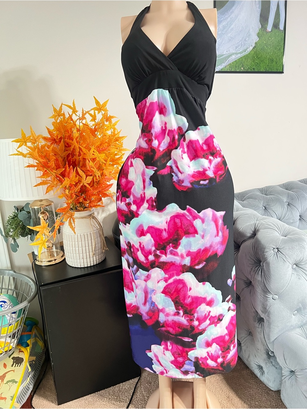 Black Halter Maxi Dress with Pink Floral Print